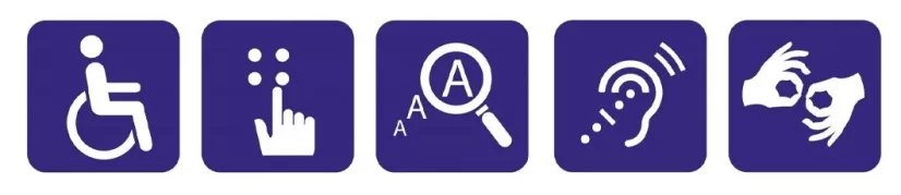 Symboles de l'accessibilité : vue, mobilité, touché 